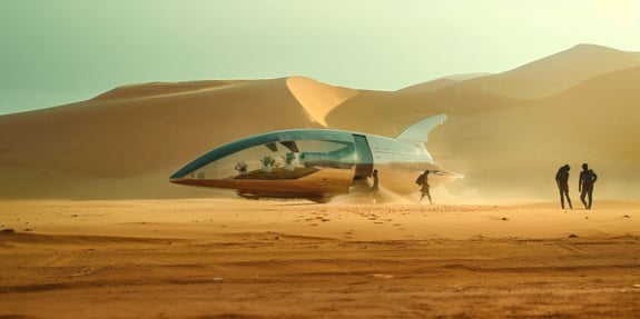 Futuristic glass-covered spacecraft in a desert with sand dunes and three people exploring the area.