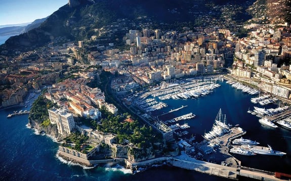 Aerial view of a luxury marina and cityscape in Monaco, illustrating a helicopter view perspective on market segmentation and strategic positioning.